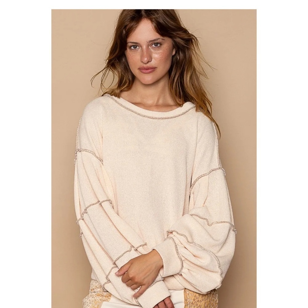 Cut Sew Sweater Knit Exposed Seam Sweatshirt - Picture 7 of 10
